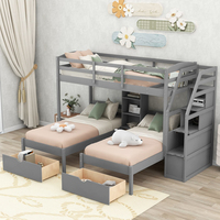 Litera Triple con Escaleras, Literas Individuales para 3, Litera de Madera con Escalera Incorporada y Cajón Pequeño para Niños y Adolescentes