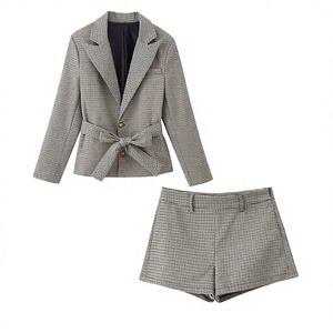 Conjunto de Traje de 2 Piezas a Cuadros para Mujer, Blazer con Cinturón y Pantalones Cortos por Encima de la Rodilla, Estilo de Oficina para Primavera/Verano - Product Image 2