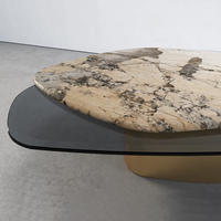 Table basse résidentielle Dream Home en matériaux mixtes, plateau ovale arrondi en marbre et bois, pieds massifs bombés