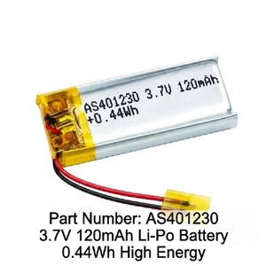 Batería de Polímero de Litio de 3.7V 120mAh AS401230, Celda de Litio de 3.7V 120mAh para GPS y Electrónica de Consumo - Product Image 1