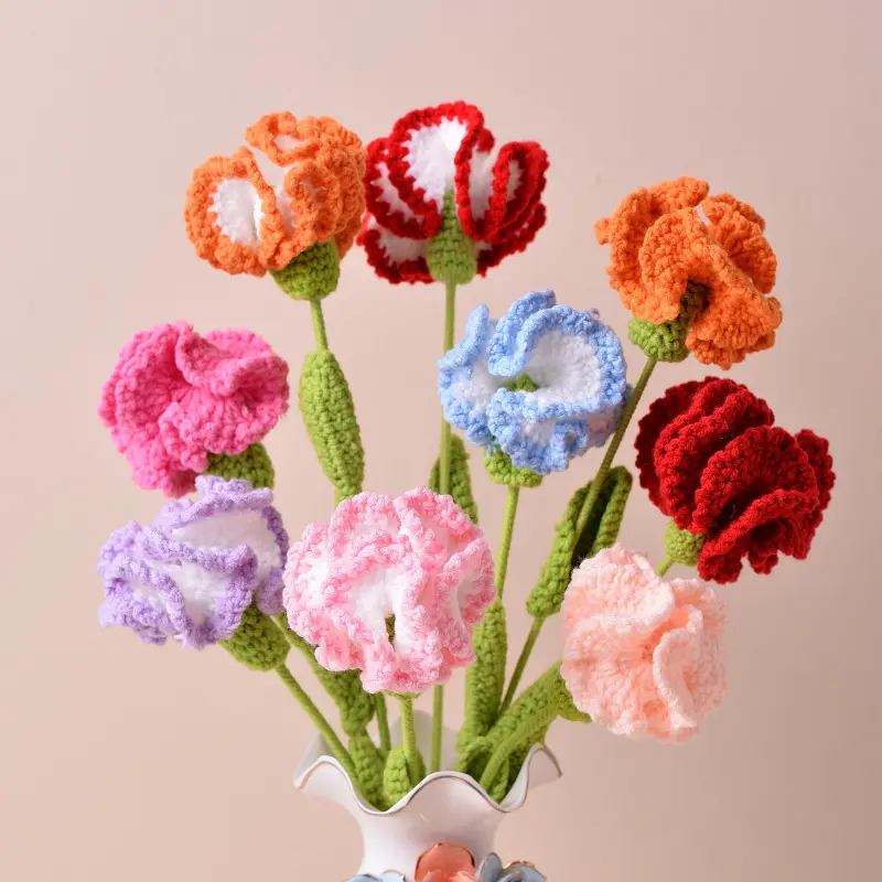 Fiori eterni e piante tessitura di simulazione Bouquet di lana artificiale lavorato a maglia di garofano Crochet fiore biomimetico