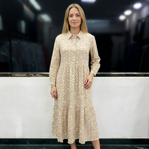 Vestido Midi Vintage con Estampado Floral, Cuello Camisero, Manga Larga, Dobladillo Acampanado, Estilo Casual, Tejido Transpirable de Rayón, para Primavera - Product Image 2