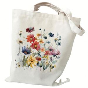 Sacs fourre-tout en toile réutilisables imprimés de fleurs sauvages en aquarelle, vente en gros pour femmes - Product Image 1