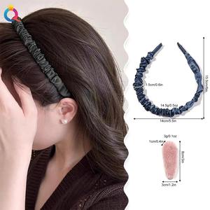 Qiyue Dameshaaraccessoires 8Cm Satijn Geplooide Effen Kleur Dunne Hoofdbanden Met Bb Clips - Product Image 3