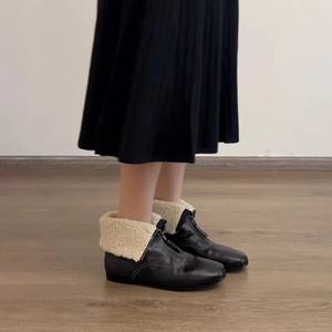 Versión de Piel de Oveja~Botines Retro para Mujer con Forro de Felpa, Convertibles, con Cierre Frontal, Botas Versátiles de Moda, Planas y Ajustadas - Product Image 3