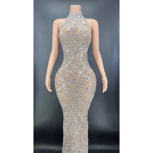 Abito da <span class=keywords><strong>Donna</strong></span> Lungo Scintillante con Cristalli e Paillettes per Serata Ballo Festa Compleanno <span class=keywords><strong>Trasparente</strong></span> da Spettacolo Palcoscenico in Rete con Strass - Product Image 6