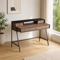 Bureau de toilette et coiffeuse modernes en placage d'eucalyptus avec plateau en verre trempé gris, tiroirs de rangement et pieds en acier inoxydable