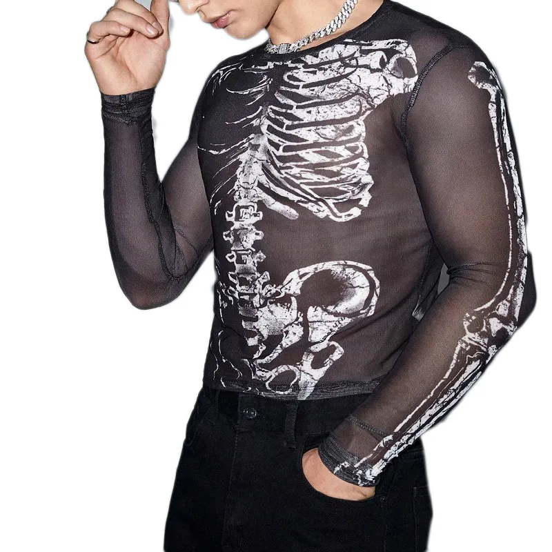Camicia personalizzata all'ingrosso da uomo con lo scheletro di stampa a maglia Costume da adulto divertenti camicie di Halloween per gli uomini