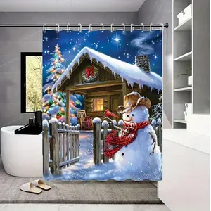 Thicken Digital Printing Festive Snowman Shower Curtain Waterproof Polyester Bathroom Christmas Shower Curtain and Rugs Set