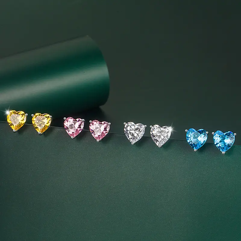 New Arrival S925 Needle Love Pink Yellow Blue Diamond Love Heart Zircon Stud Earrings for Women