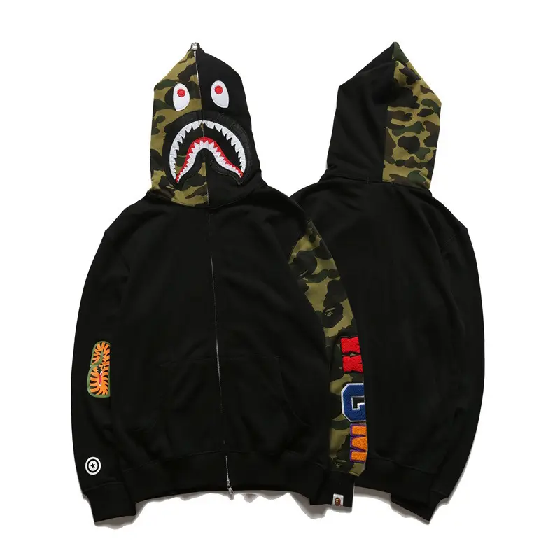 Hitam Splicing lengan kamuflase katun kualitas bagus Sweatshirt besar ritsleting penuh Logo hiu pria bapee Camo Hoodie