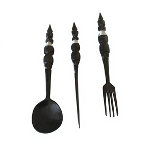 Vintage Wooden Flatware <b>Set</b> With Matte Finish Spoon Fork And Knife <b>Black</b> Handle Design Style Handcrafted <b>Cutlery</b> - Product Image 1