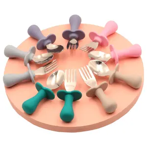 シリコン人形スプーンとベビーフォークスプーンフォーク用シリコンステンレススチールフォークスプーンセット赤ちゃん用ブルーとピンク