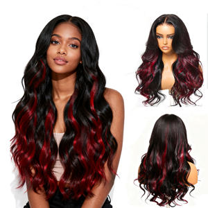 Nouvelle arrivée Perruque à dentelle frontale noire avec dentelle rouge transparente 13X4 Longue bouclée synthétique Body Wave Résistante à la chaleur - Product Image 1