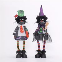 Décoration d'Halloween chat mignon et effrayant, 2 figurines de sorcière en peluche avec LED multicolores pour cadeaux