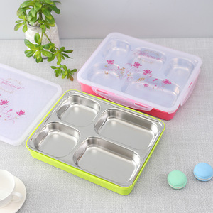 Stainless Steel Bento <b>Box</b> 4 <b>Compartment</b> With Plastic Lid For School <b>Lunches</b> Green Pink Blue Colors - Product Image 1