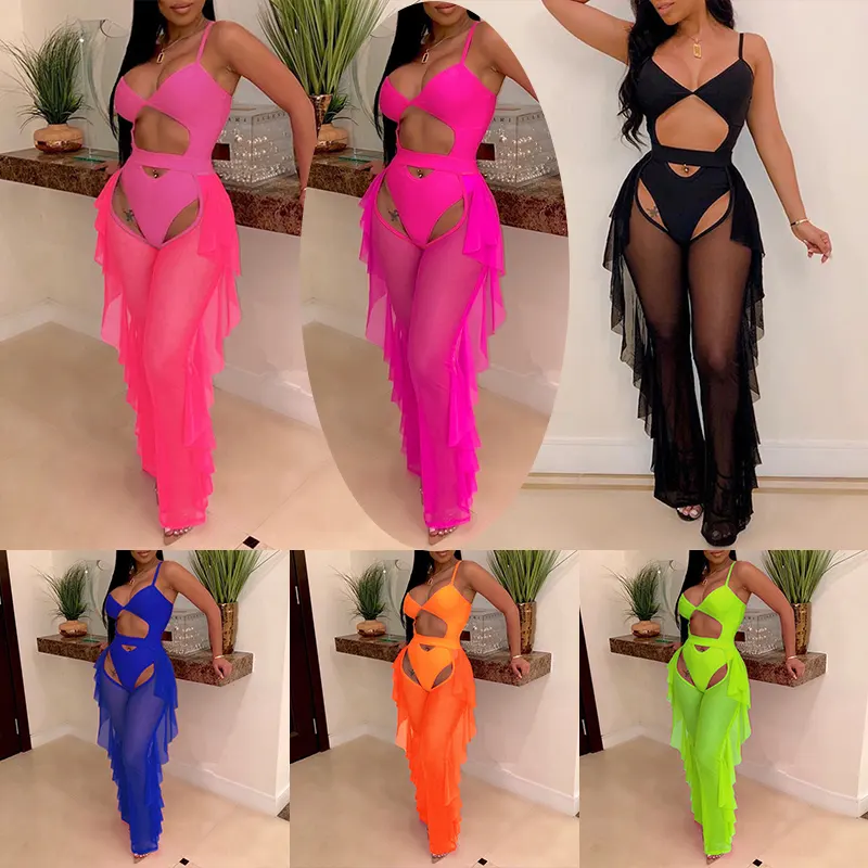 Plus Size Vrouwen Sheer Zwemmen Pak Ruche String Bikini Mesh Cut Out Cover Up Hoge Taille Een Stuk Badpakken Met trunks Overeenkomen