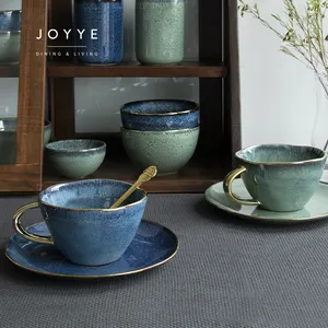 Joyye和風マグコーヒーセラミックカップティーカップとソーサーセットハンドル付きセラミックコーヒーマグ