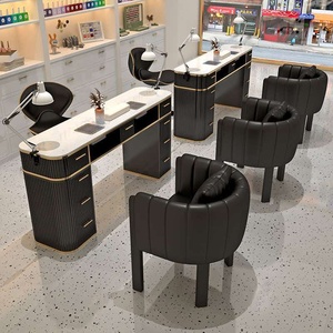 Table de manucure multifonctionnelle de luxe, design blanc et or, avec chaises, table à ongles avec aspirateur - Product Image 2