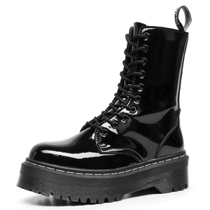 Black Patent Leather Ankle <b>Boots</b> Round Toe Lace-up Chunky Heel Anti-Slip Rubber Outsole All Seasons Style Wholesale - Product Image 4