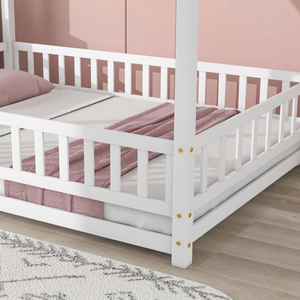 Full-size <strong>Floor</strong> <strong>Bed</strong> Enclosure Roof Montessori Wooden Playhouse-Style <strong>Bed</strong> <strong>Frame</strong> for Girls Boys Teenagers No Spring Mattress - Product Image 3