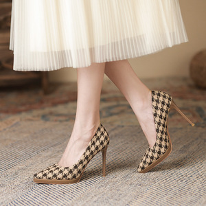 Korean Style Women's Elegant Suede <b>Pointed</b> Toe High Heels 10CM Fashionable Plaid Design Trendy Pumps for Party - Product Image 5