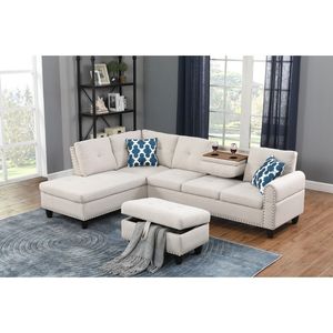98" Wide Three Seat Left Hand Facing Modern Sectional <b>Sofa</b> Chaise <b>Storage</b> Ottoman Linen Upholstery Nailhead Trim Foam Apartment - Product Image 1