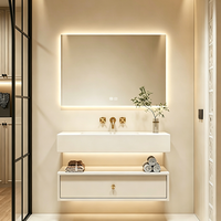 Meuble de salle de bain flottant étanche blanc crème premium avec lavabo intégré en surface solide sans joint