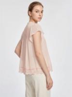 Blouse en mousseline plissée rose clair des femmes, manches courtes dentelle Trim Top pour Brunch & Office Wear, personnalisable