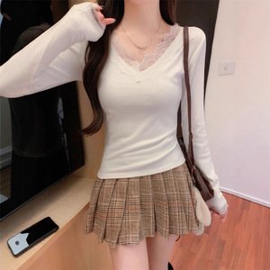 White V-Neck Lace Trim Knit Top For Women Slim Fit Everyday Wear Base Layer Long Sleeve Blouse - Product Image 2