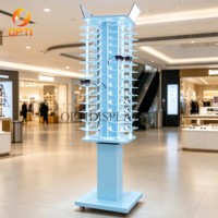 Wholesale Floor Standing 4-Sided Rotating Sunglasses Display Rack, Movable Acrylic Eyeglass Display Stand with Wheels