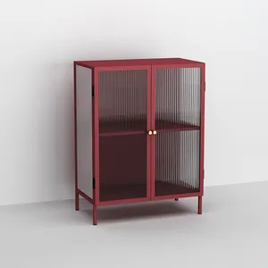2023流行的红色钢餐具柜带玻璃门黑色餐具柜设计金属餐具柜