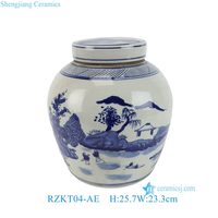 RZKT04-AE  Jarre en porcelaine bleue et blanche de style Ming avec motif paysager, jarre décorative en porcelaine chinoise
