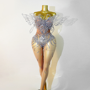 Combinaison en maille transparente avec ailes de papillon 3D en strass argentés, costume de scène pour femmes, tenue de danse pour drag queen - Product Image 2