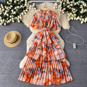 Túnica Vintage ajustada informal para mujer manga acampanada imperio impreso vestido de encaje con volantes rojo amarillo - Product Image 1