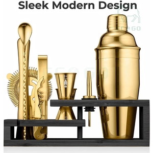 <b>Gold</b> 10 Bar Set Charming <b>Cocktail</b> <b>Shaker</b> Set Mixology Bartender Tool Kit With Bamboo Stand Bar Accessories Set for Drink Mixing - Product Image 3