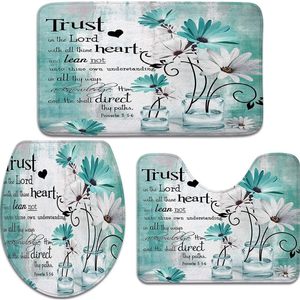 Tapis de bain rustiques à motifs floraux, marguerites turquoise, fleurs champêtres, antidérapants, en flanelle, ensemble de salle de bain rectangulaire 3 pièces, style vintage antique en bois - Product Image 3