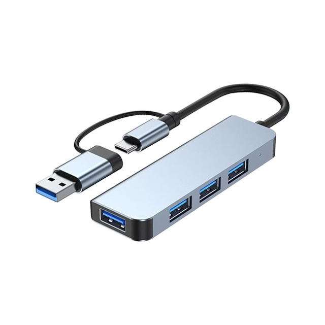 Double Head Four-in-One Type C USB3.0 Docking Station Hub with USB-C/USB-A Ports and Plugs