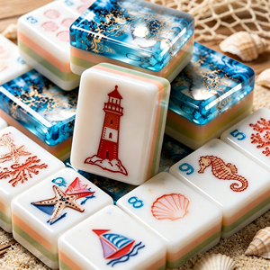 Tuiles de Mahjong de Luxe Bleu Océan Original, 4 couches, Motif <span class=keywords><strong>Phare</strong></span> et Hippocampe, pour Fête Estivale Thème Côtier, Tuiles de Mahjong American Masters - Product Image 1