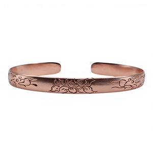 Wholesale Solid Pure Copper Sacred Lotus <b>Engraved</b> Cuff Bracelet Unisex Adjustable Open <b>Bangle</b> Traditional Ayurvedic - Product Image 1