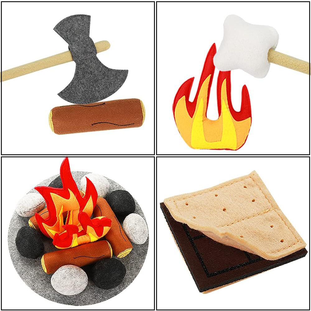 Ensemble Feu De Camp En Feutre – 15 Pièces : Bûches, Nourriture, Pierres – Jeu D’imitation Camping – Dès 3 Ans – Doux Et Durable