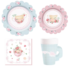 ชุดถ้วยน้ำชา จานรอง กระดาษเช็ดปาก ถ้วยชาและจานรองพร้อมหูจับ สำหรับงานเลี้ยงวันเกิดเจ้าหญิง ตกแต่งงานฉลองวันเกิดเด็ก ลายดอกไม้ - Product Image 4