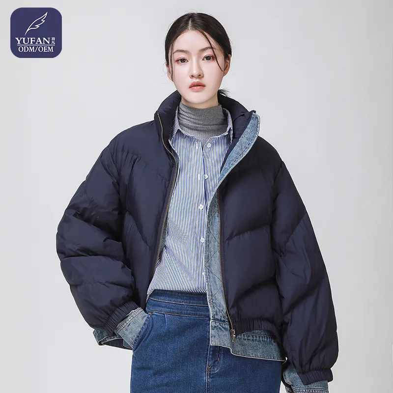 Yufan Customized Women Winter Waterproof Puffer Coat Down Bubble Coat Patchwork Thick Cropped Denim Puffer Jackets For Ladies