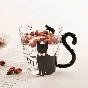 wholesale art vacuum reusable borosilicate single wall cat glass cup with handle