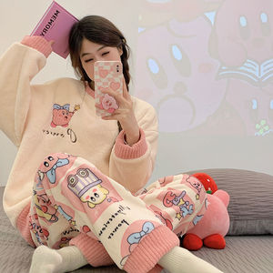 Conjuntos de ropa de dormir 2025 Otoño Invierno pijamas de franela mujer lindo estudiante de dibujos animados <span class=keywords><strong>pijama</strong></span> de cuello redondo <span class=keywords><strong>traje</strong></span> de lana Coral - Product Image 6