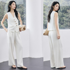 White Sleeveless Vest And Wide Leg Pants Set Solid Color Summer Leisure Women's Outfit - Product Image 1