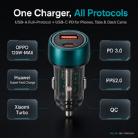 Charger Mobil USB C 50W Transparan PD 30W PPS QC3.0 Pengisian Cepat Dual Port 12-24V untuk iPhone Samsung OPPO Huawei