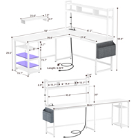 Bureau d'angle moderne en L réversible et portable avec prise de courant, bande LED, étagère de rangement et support d'écran pour salon et maison