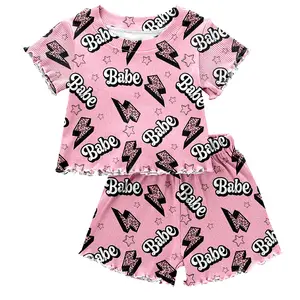 الأكثر مبيعًا الخس تي شيرت طقم شورت خس برقبة مستديرة طقم صالة أطفال مضلع - Product Image 2