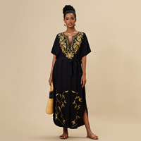 Robe longue de vacances kaftan de ceinture de dentelle brodée d'or de coton de couverture de plage